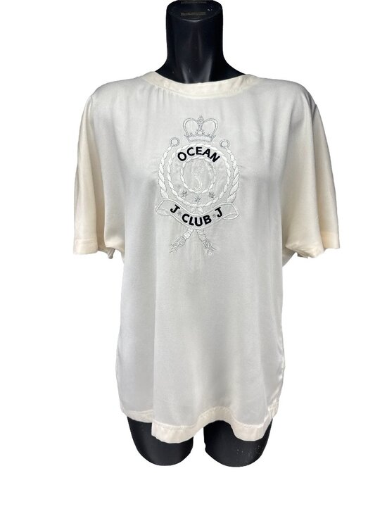 Jobis Tops - JOBIS Embroidered 100% Silk Ivory Button Back‎ Top Blouse Size EU 40 US 8-10